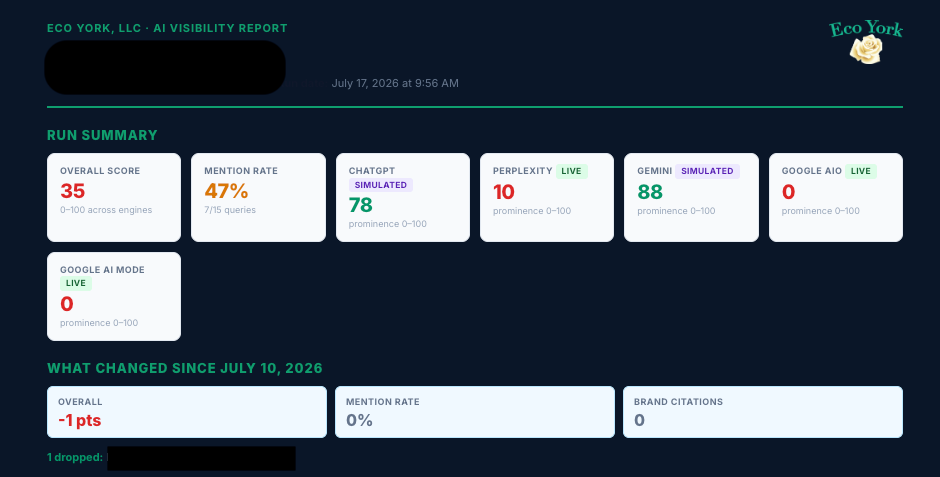 EcoSignal AI Visibility Score example — anonymized client report